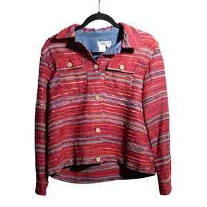 Coldwater‎ Creek Textured Striped Red Jacket Wood Buttons Art to Wear Boho P S